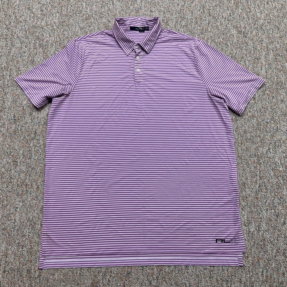 RLX Ralph Lauren Polo Shirt Mens 2XL Purple Striped Performance Golf Stretch